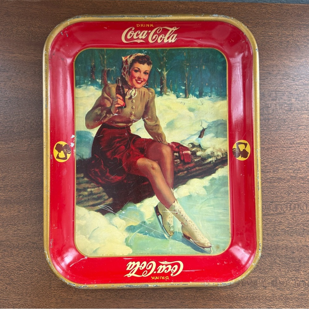 Vintage 1941 Coca-Cola Metal Winter Ice Skating Woman Serving Tray